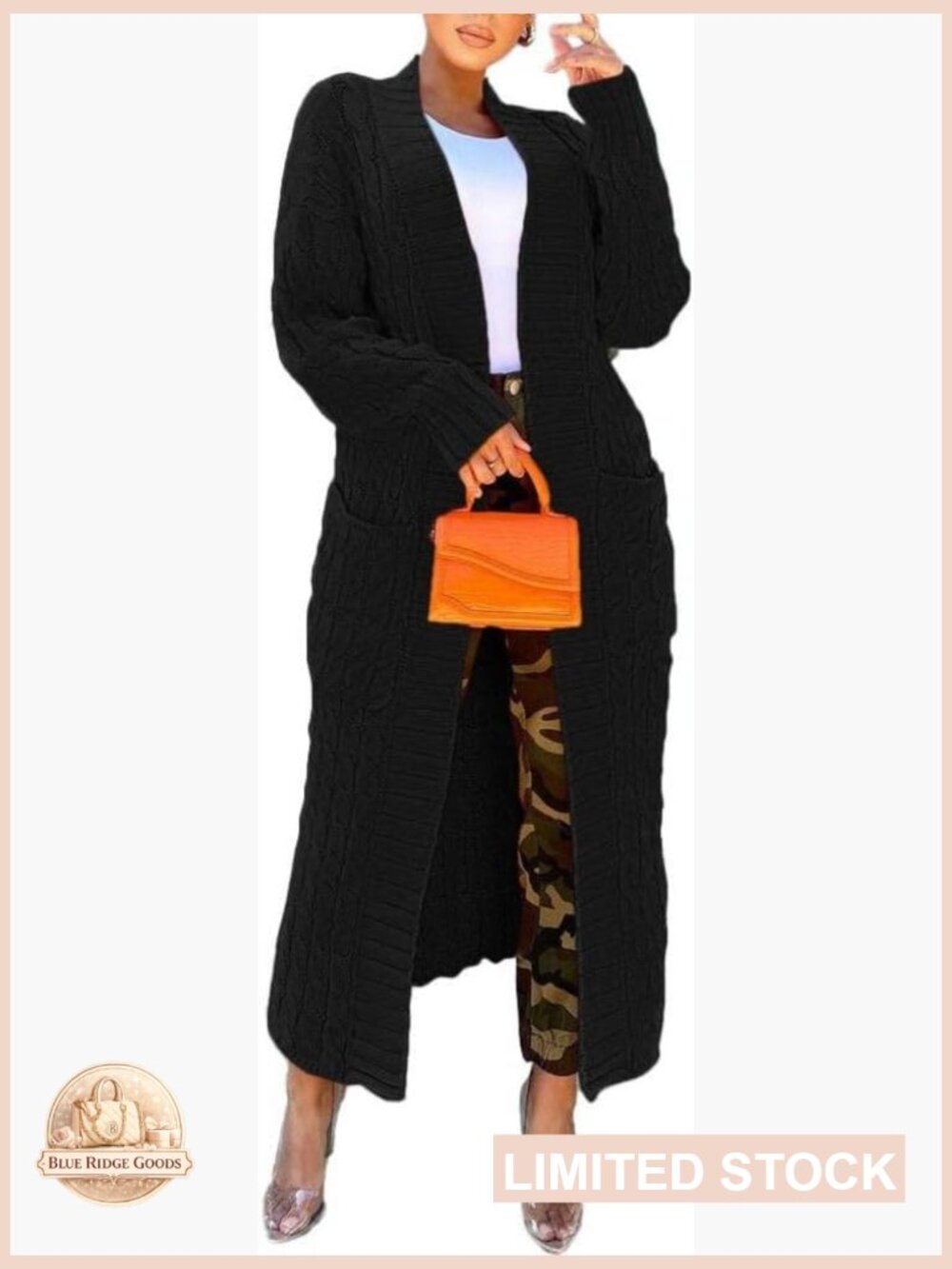 Cardigan Sweater Long Sleeve Open Front V-Neck Floor Length Cable Knit